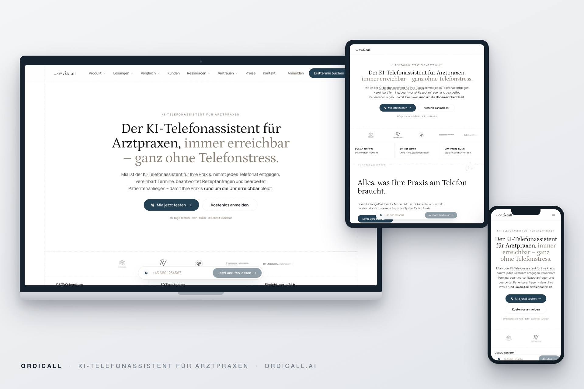 Ordicall Website auf Laptop, Tablet und Smartphone nach dem Redesign