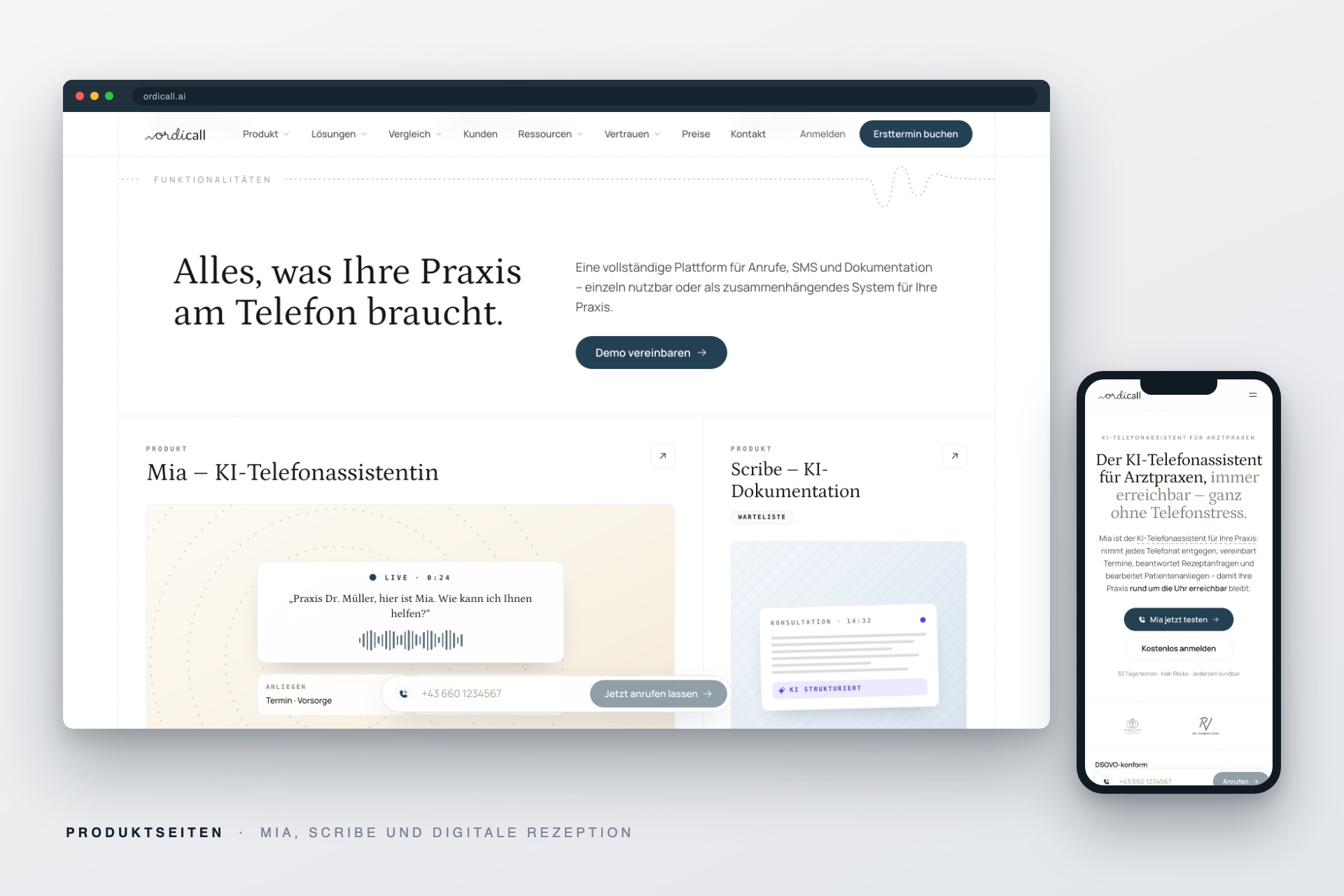 Produktseiten von Ordicall mit Mia, Scribe und digitaler Rezeption