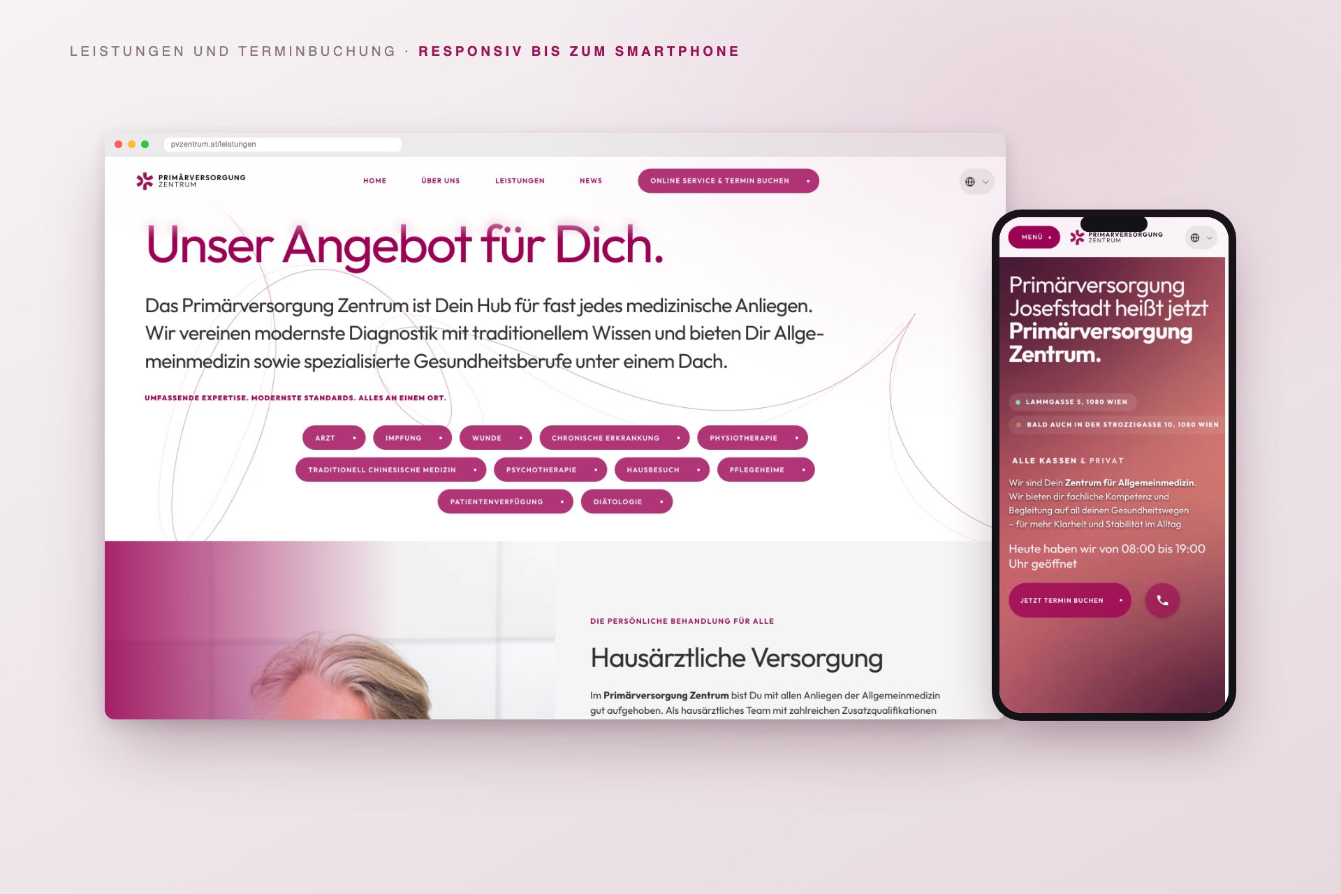 Leistungsseite und Terminbuchung des Primärversorgung Zentrum